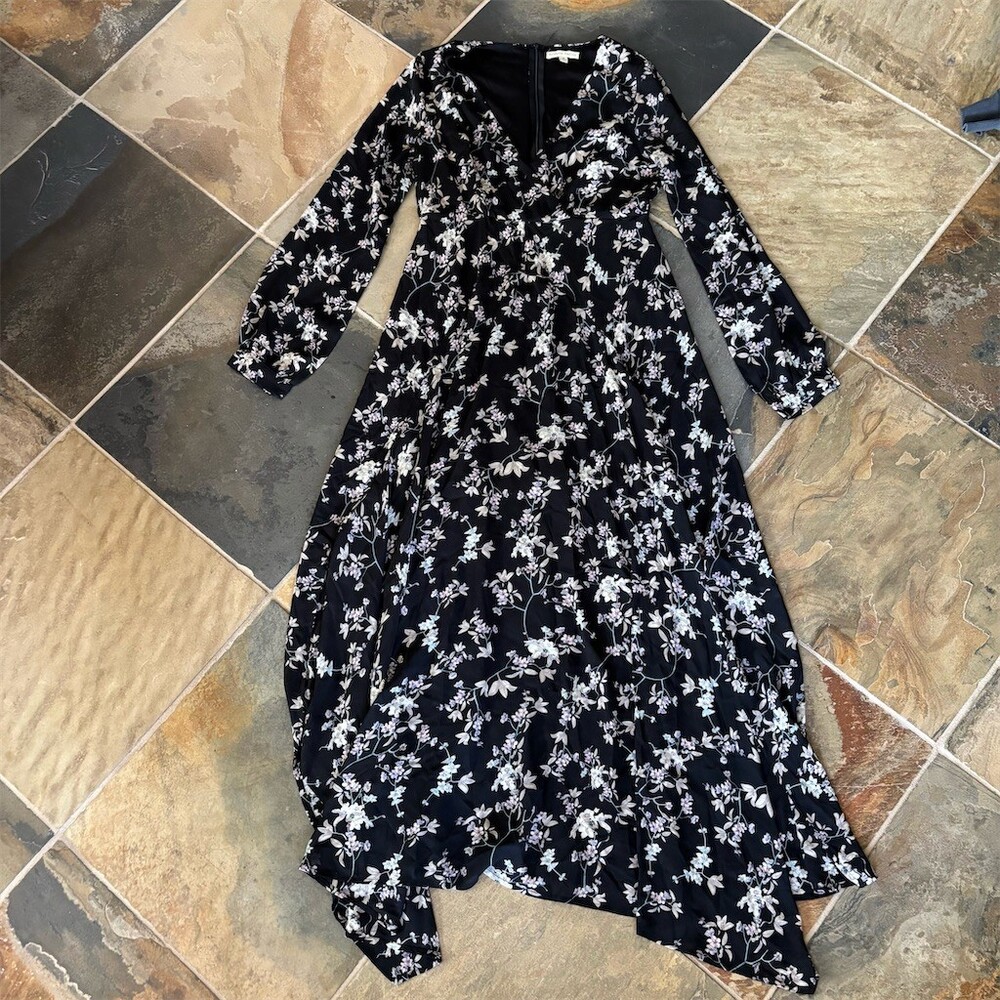 RedBerry Fashion Dress Womens Size M Black Floral V-Neck Long Sleeve Midi